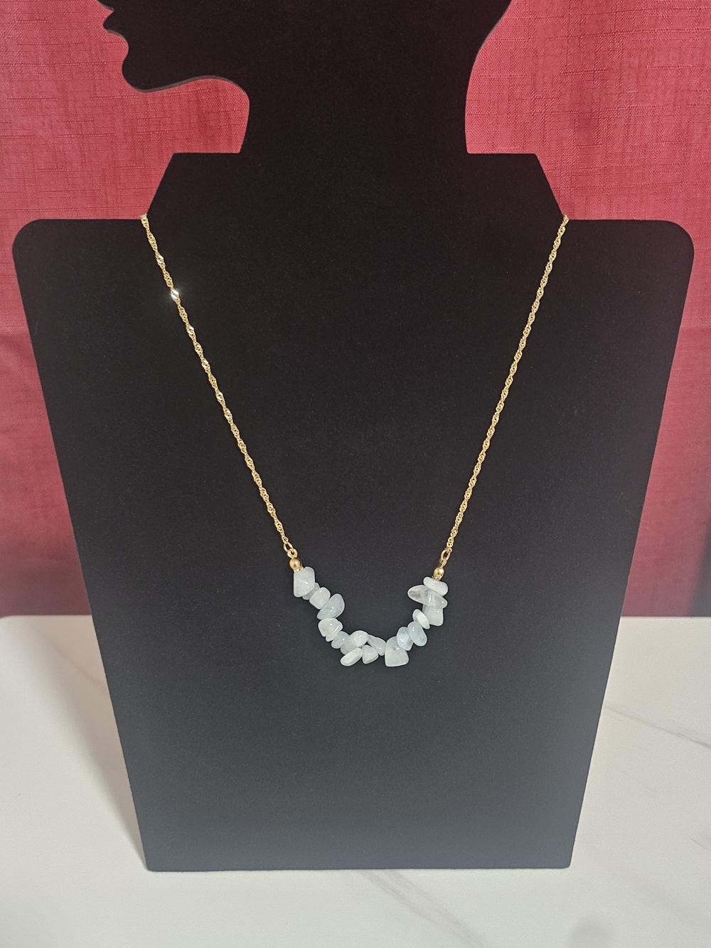 NIB 18K Gold Plated Stainless Steel Natural Light Blue Stone Chip Necklace